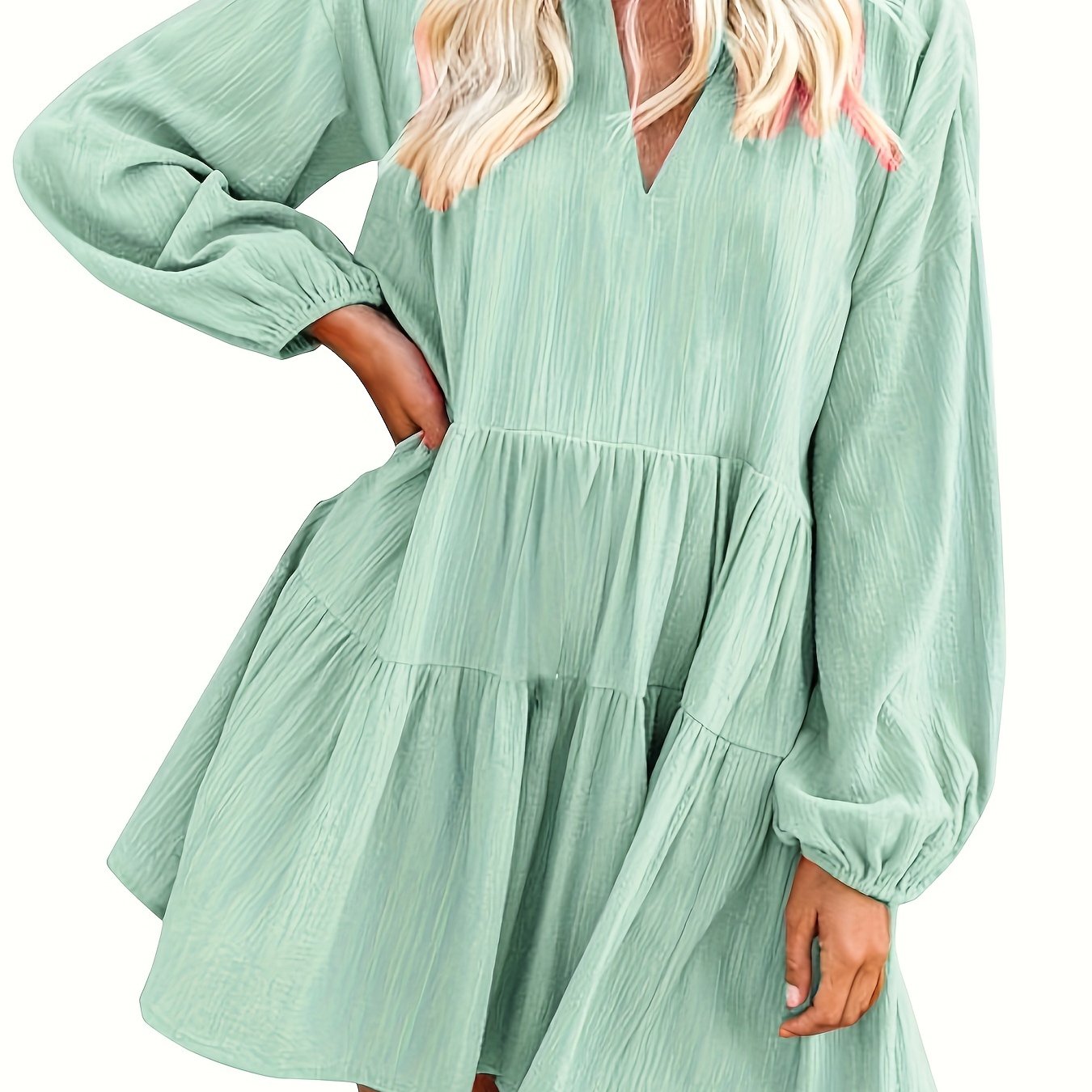 Long Sleeve Solid Color V Neck Loose Babydoll Dress, Casual Ruffle Hem For Spring & Fall, Women's Clothing