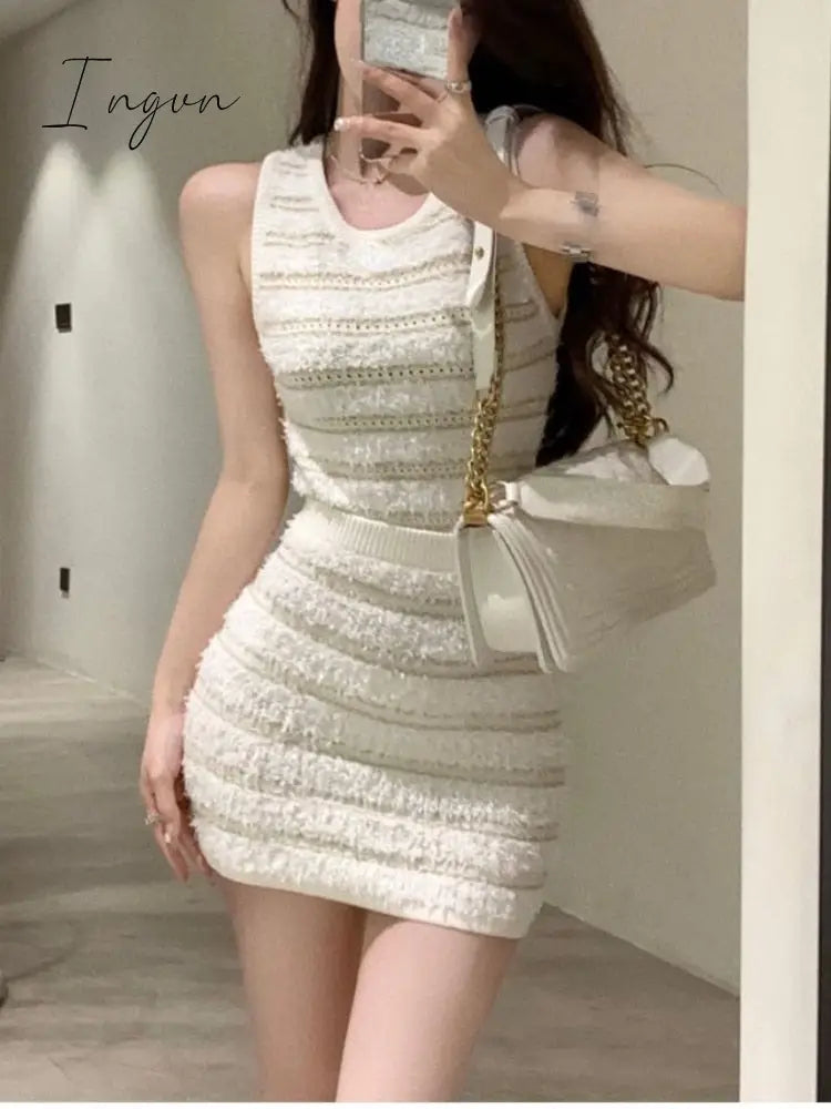 Ingvn - 2023 Autumn Vintage Knitted Suits Elegant 3 Piece Dress Set Women Outwear Even Party Clothing Korea Fashion Sweater Dress Female