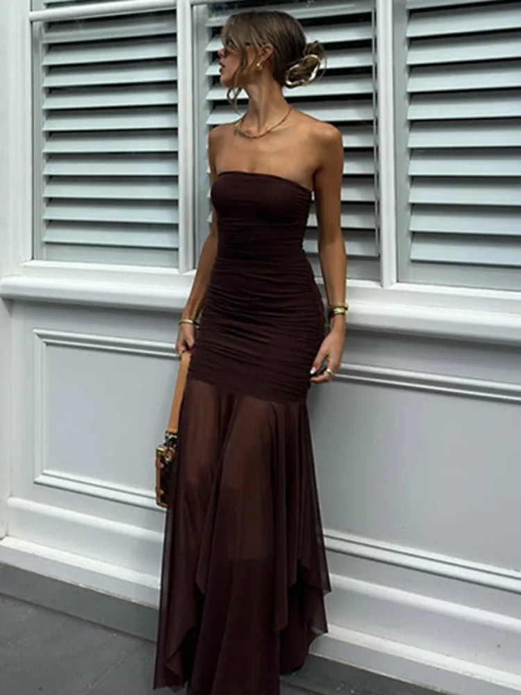 Off-shoulder Strapless Sexy Maxi Dress For Women Borwn Sleeveless Backless High Waist Bodycon Club Long Dress Elegant