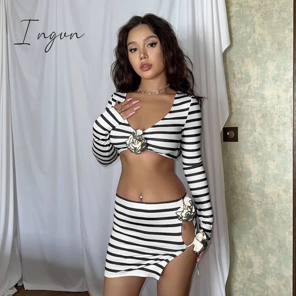 Ingvn - Flower Stripes Skirt Set Women V Neck Full Sleeve Crop Top And Mini Skirt Suits Fashion Hollow Out Sexy Two Piece Sets