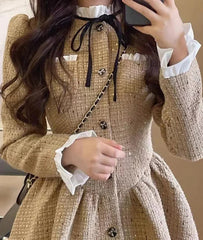 Slim Waist Korean Style Women Dress New Ruffled Bow Single Breasted Fashion Female Mini Dresses Sweet Elegant Streetwear