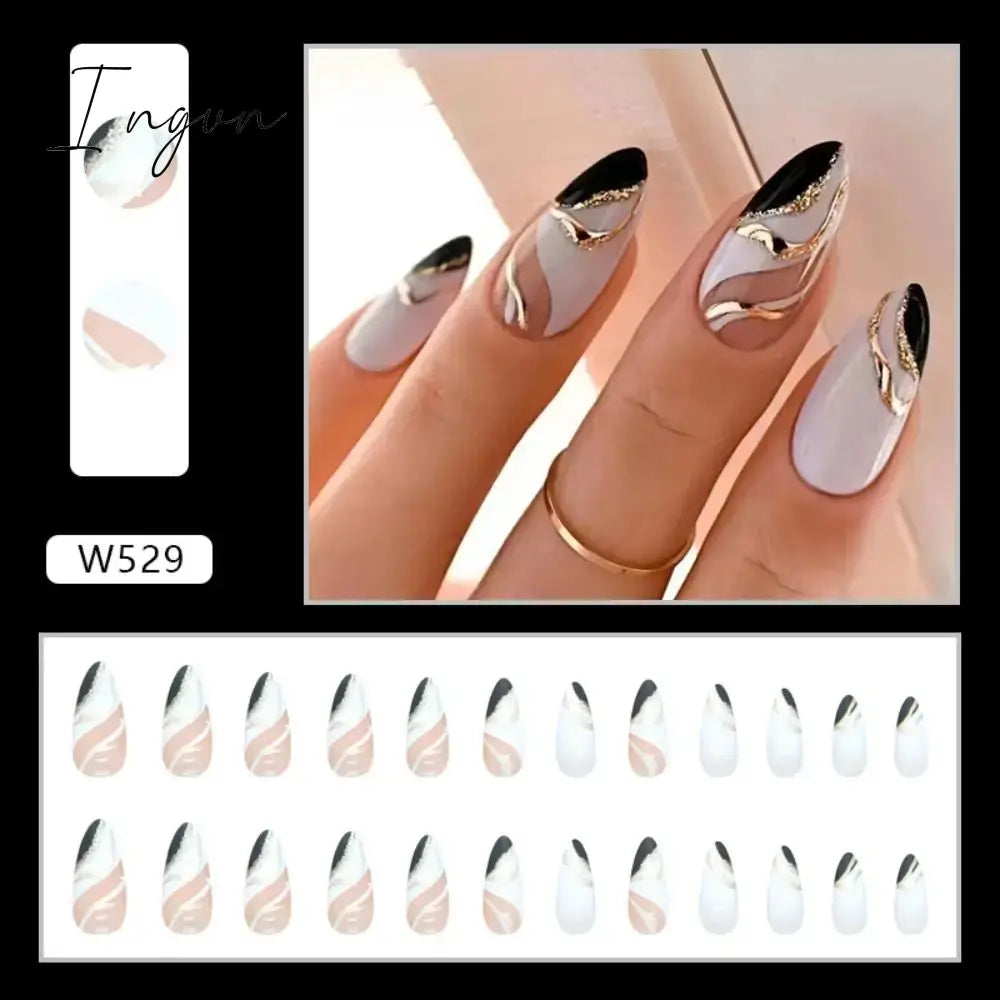 Simple French Wearable False Nails Almond Colorful Stripes Colorblock Design Manicure Fake Nails Line Full Cover Press On Nail