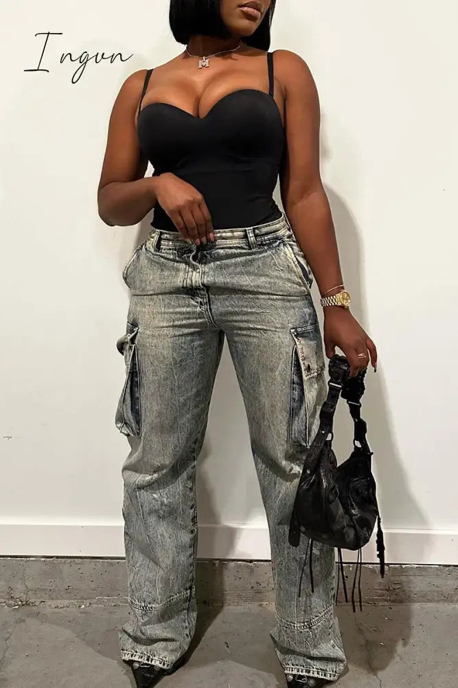 Ingvn - Casual Street Solid Make Old Patchwork Pocket Buttons Zipper Mid Waist Straight Denim Jeans