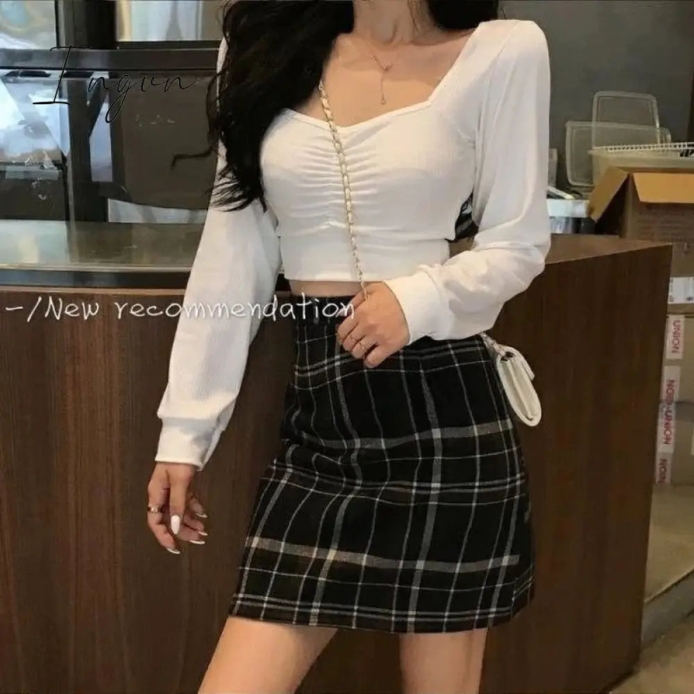 Ingvn - Korean Fashion Knitted Crop top T Shirt Streetwear Vintage Top Women Puff sleeve Basic Tshirt Skinny Sexy Clothes