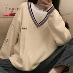 Ingvn - 2023 Fashion Trends Sweaters Women Ulzzang Letter Chic Vintage V-neck Daily Oversize Preppy Girls Knitwear Fall Casual All-match Ins Womens Sweater