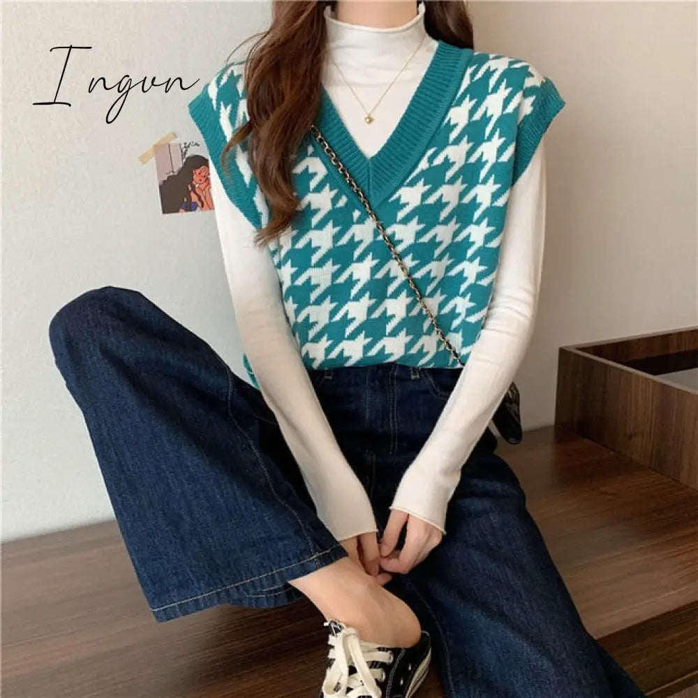Ingvn - New Vintage V-neck Knitted Vest Sweater Women Sleeveless Pullover Elasticity Sweater Loose Female Casual Oversized Knitted Vest