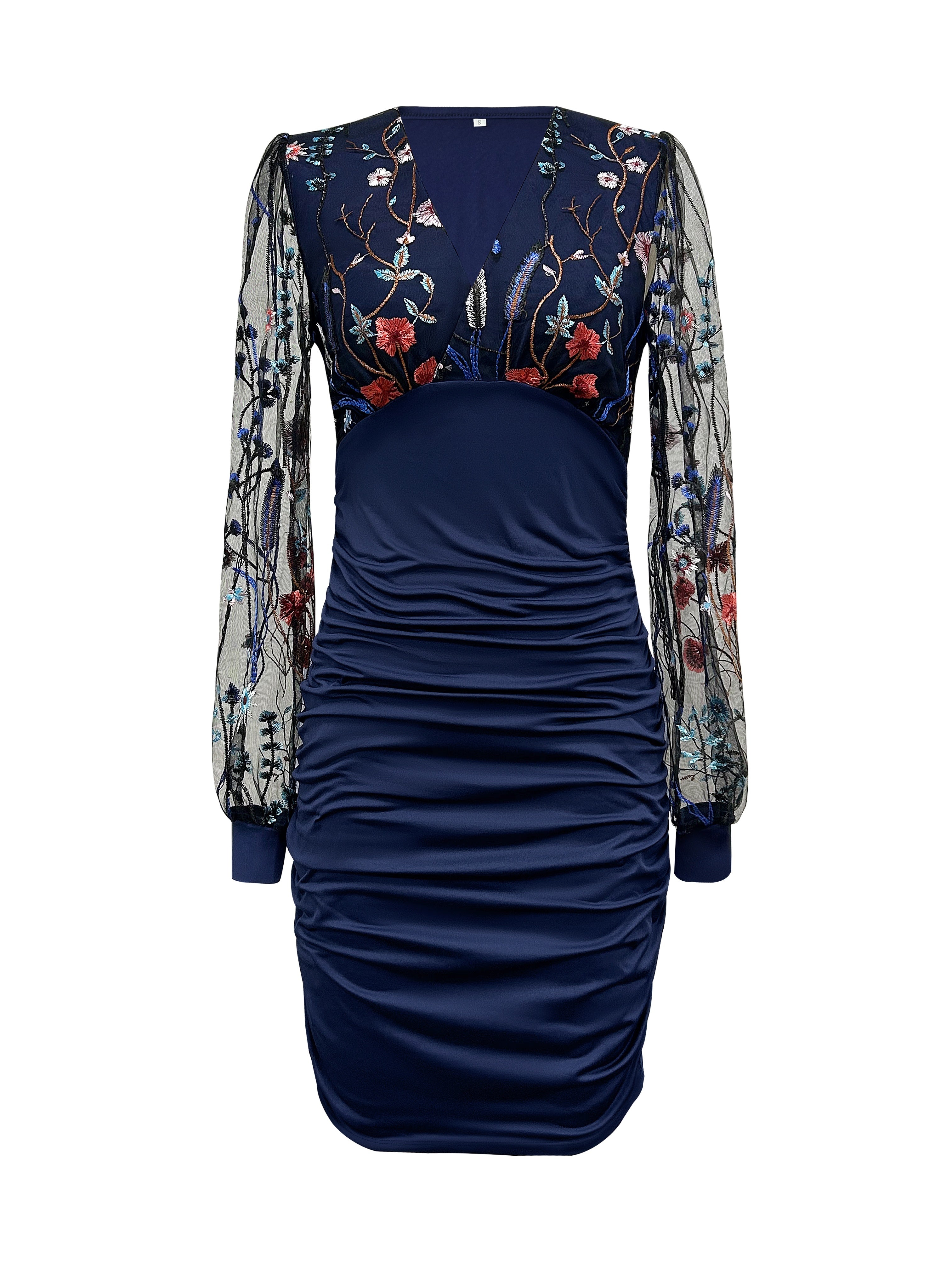 Floral Pattern Bodycon Dress - Stunning Contrast Mesh, Elegant Long Sleeves, Surplice Neck, Ruched Detailing - Perfect for Womens Formal Occasions and Everyday Wear