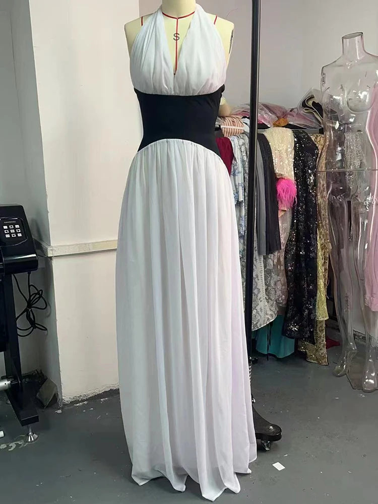 Halter Deep V Neck Backless Sexy Maxi Dress Women Gown Fashion Patchwork Sleeveless High Waist Club Party Long Dress
