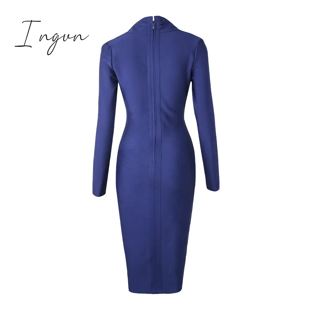 Ingvn - New Summer Deep V Neck Women Bandage Dress Full Sleeves Celebrity Bodycon Dress Sexy Club Vestidos Evening Party Dresses