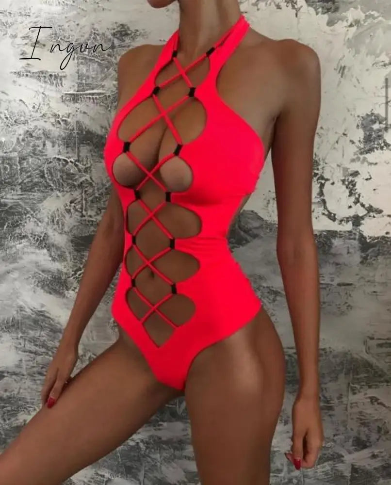 Ingvn - 2023 Sexy Solid Color Halter One Piece Swimsuit Women Push Up Hollow Out Bikini Swimwear Female Cross Bandage Bathing Suit Biquini