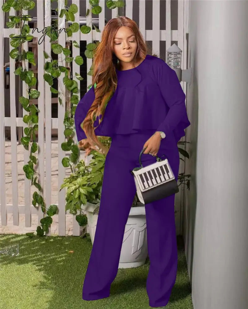 Ingvn - 2023 Elegant Work Wear Two Piece Set Fall Clothes for Women Ruffles Crop Top and Wide Leg Pants Suits Matching Sets Sexy Club Outfits