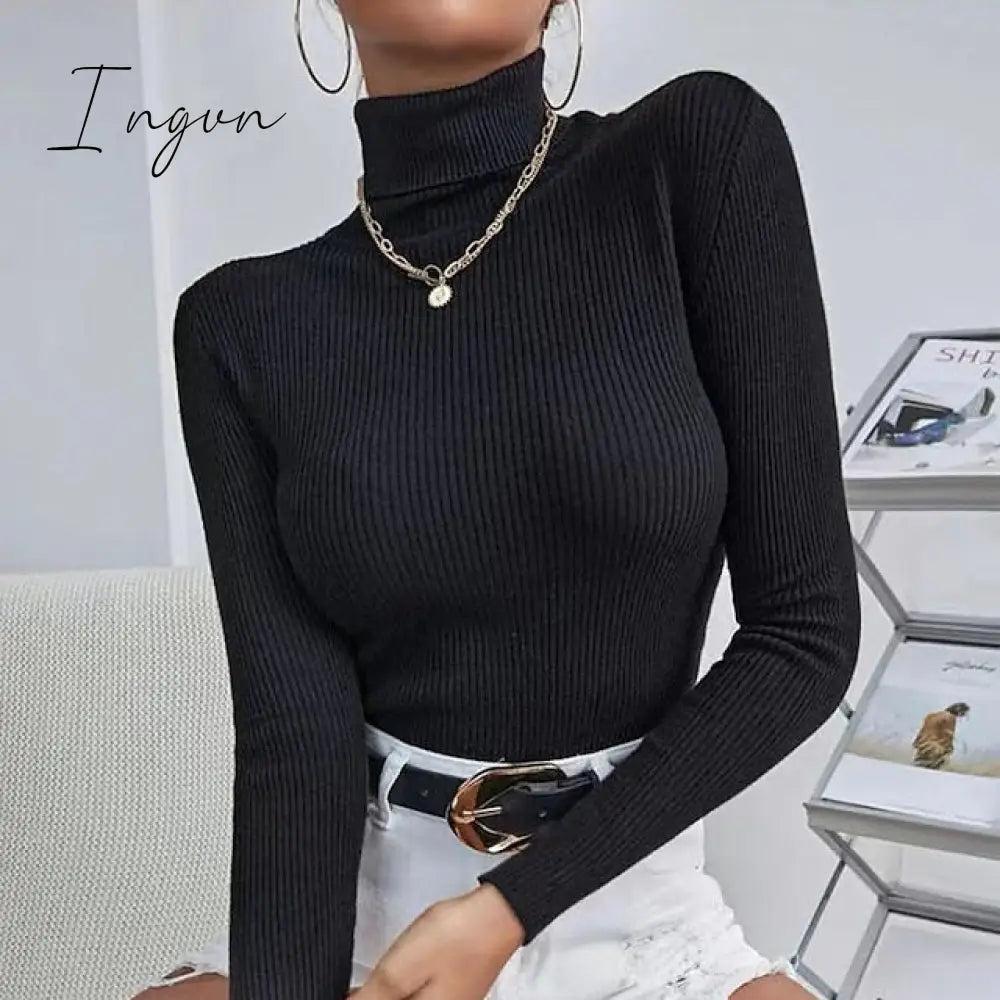 Ingvn - Women's Pullover Sweater Jumper Jumper Ribbed Knit Knitted Thin Solid Color Turtleneck Basic Casual Daily Winter Fall caramel Black One-Size
