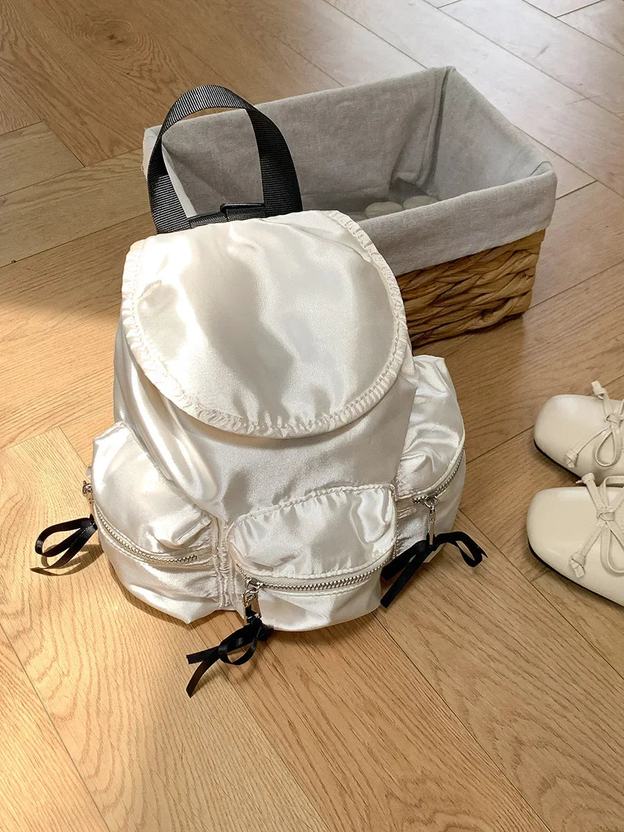 Ingvn  Nylon Pearly Light Quality Women's Backpack Casual Preppy Backpack Style Bow Elegant Travel Outdoor Double Shoulder Backpack