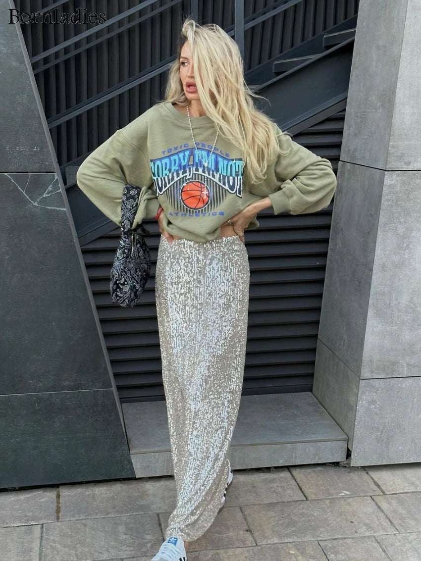 Ingvn  Elegant Silk Sequins Women Skirt Dropped Waist Long Skirts Streetwear Classic Skirt Fashion Female Clothing