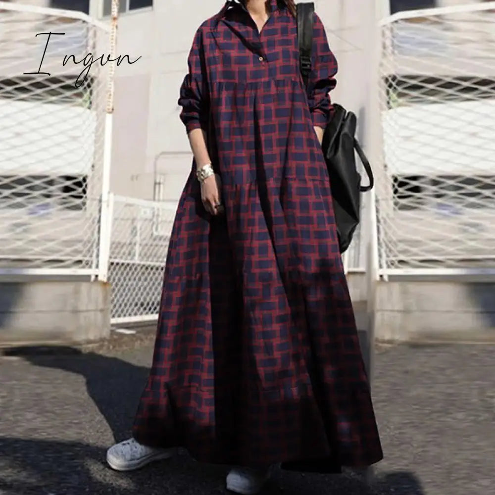 Ingvn - Summer Stylish Women Vintage Long Sleeve Loose Sundress Casual Long Maxi Dress Kaftan Femme Solid Party Vestido Robe