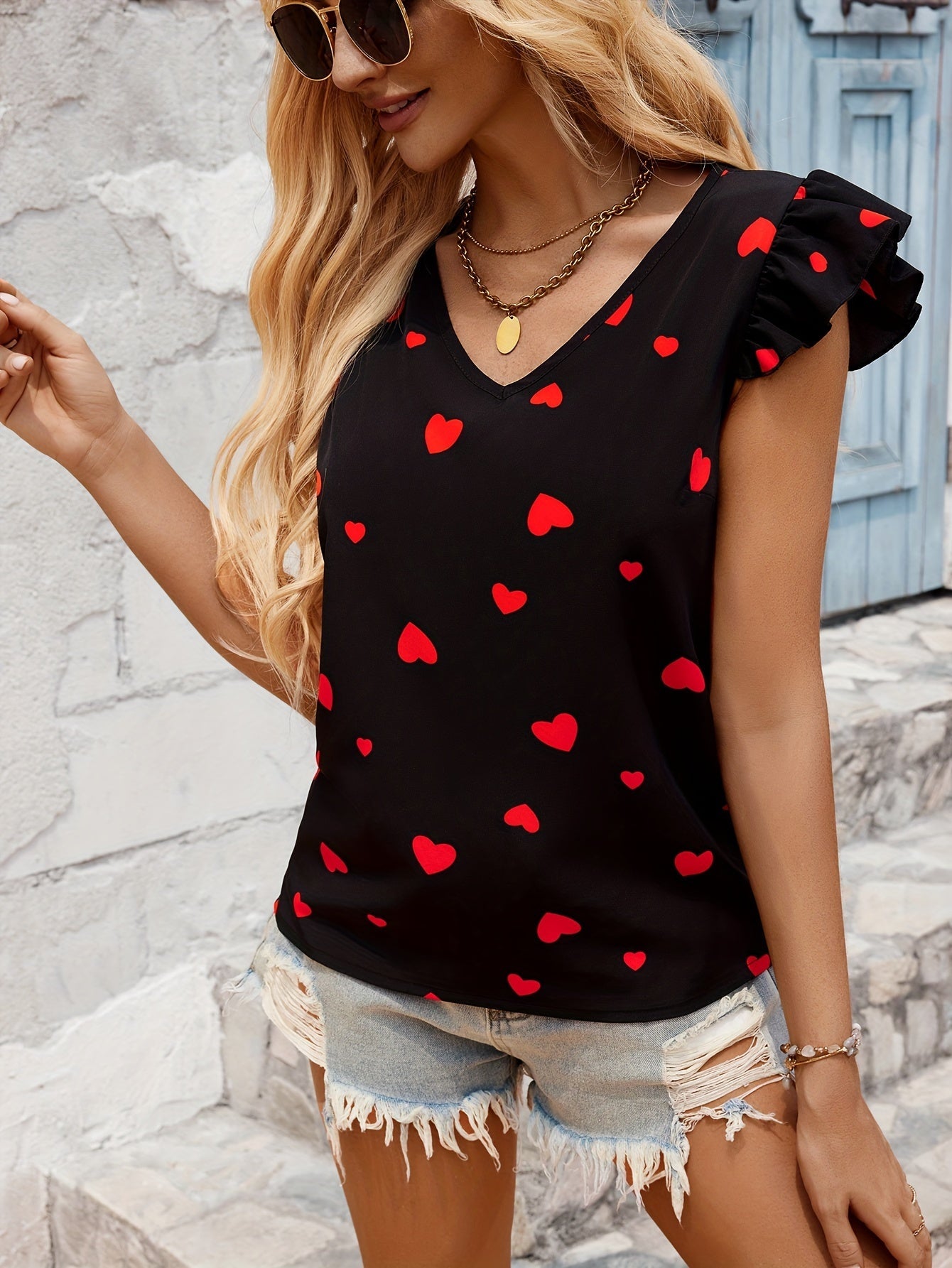 Heart Print Ruffle Trim Blouse, Casual V-neck Blouse For Spring & Summer, Women's Clothing