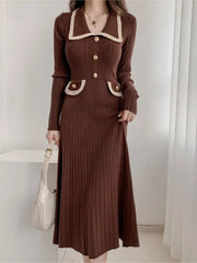 Autumn Elegant Knitted Dress for Women Fashion Single Breasted Slim A Line High Waist One Piece Female Korean Clothes Winter New