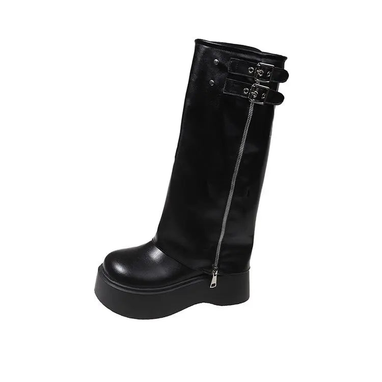 New Autumn Versatile Women's Platform Flat Heel Women's Long Boots Fashion Zipper Rider Botas Casual Goth Knee-high Boots