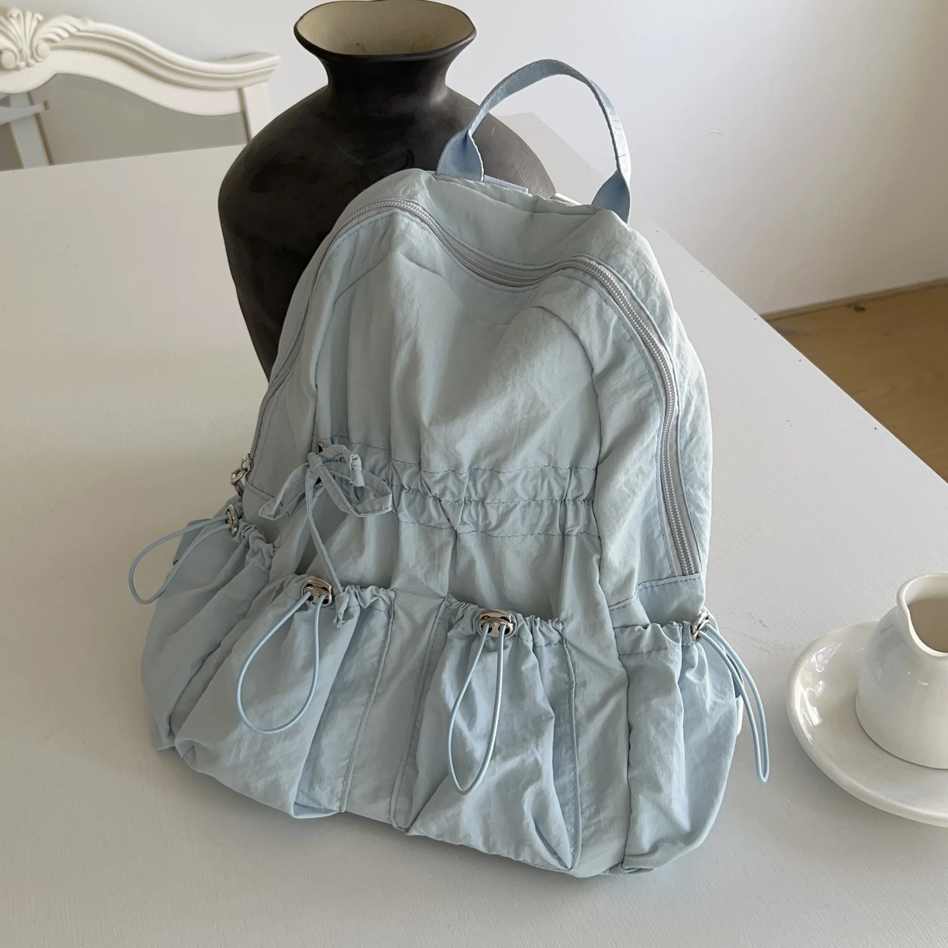 INGVN  Korean Simple Nylon Summer Beach Pleated Women Backpack Students School Girl Backpack Travel Commuter Backpacks for Women