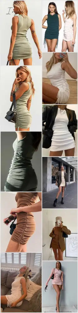 Ingvn - Cotton Ruched Drawstring Sexy Party Dress Women Sleeveless Elastic Mini Dress Vintage Summer Bodycon Club Wear Vestidos