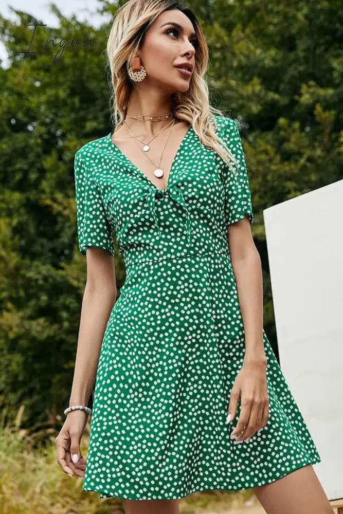 Ingvn - Printed Front Tie Regular Sleeve V-Neck Dress