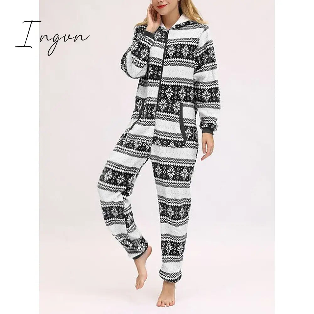 Ingvn - Women's Pajamas Jumpsuit Elk Snowflake Warm Fashion Casual Home Christmas Daily Polyester Breathable Hoodie Long Sleeve Pocket Fall Winter Black White