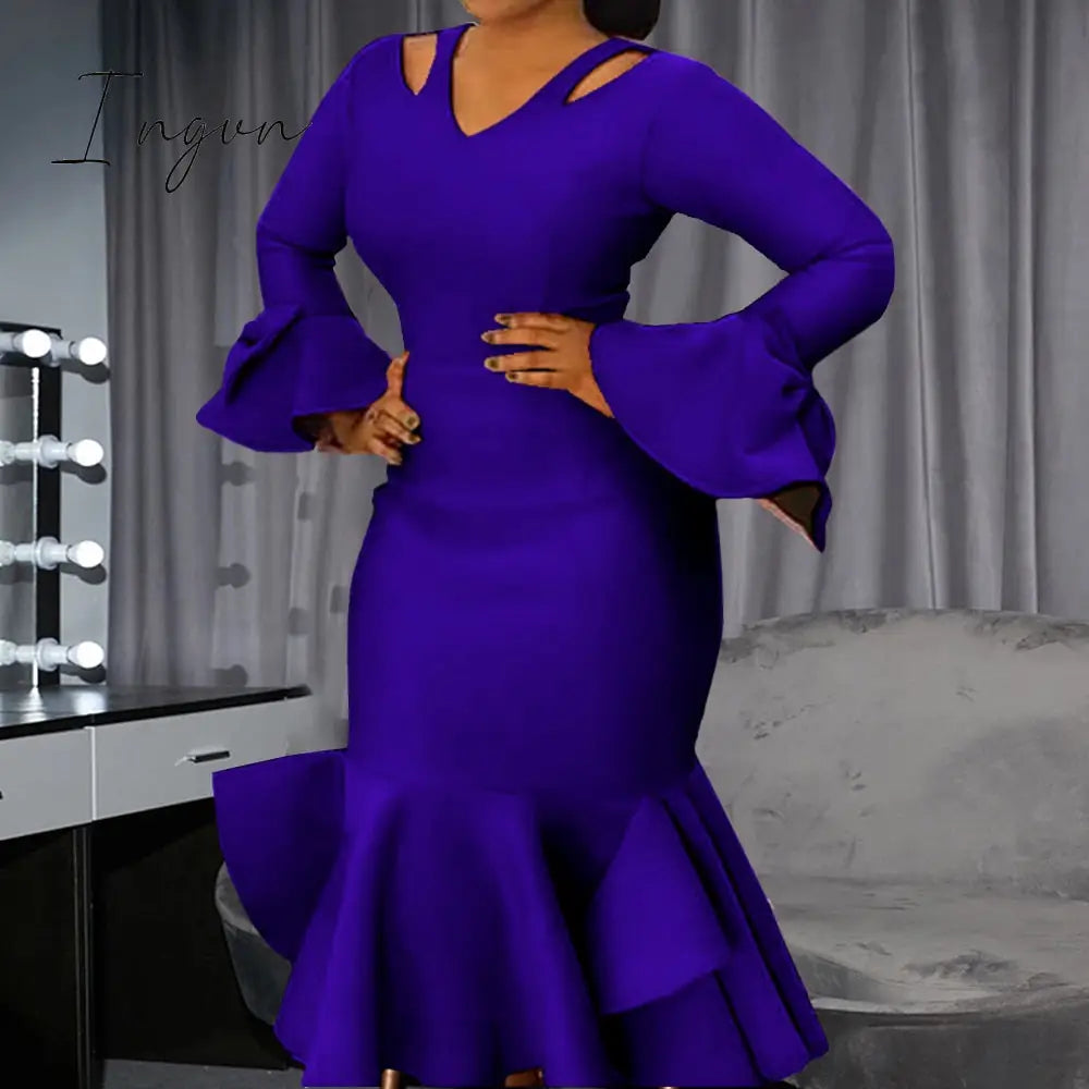 Ingvn - Women Bodycon Party Dress Long Flare Sleeves Cold Shoulder Ruffles Bowtie Elegant Slim Evening Birthday Event Robes Female 4XL