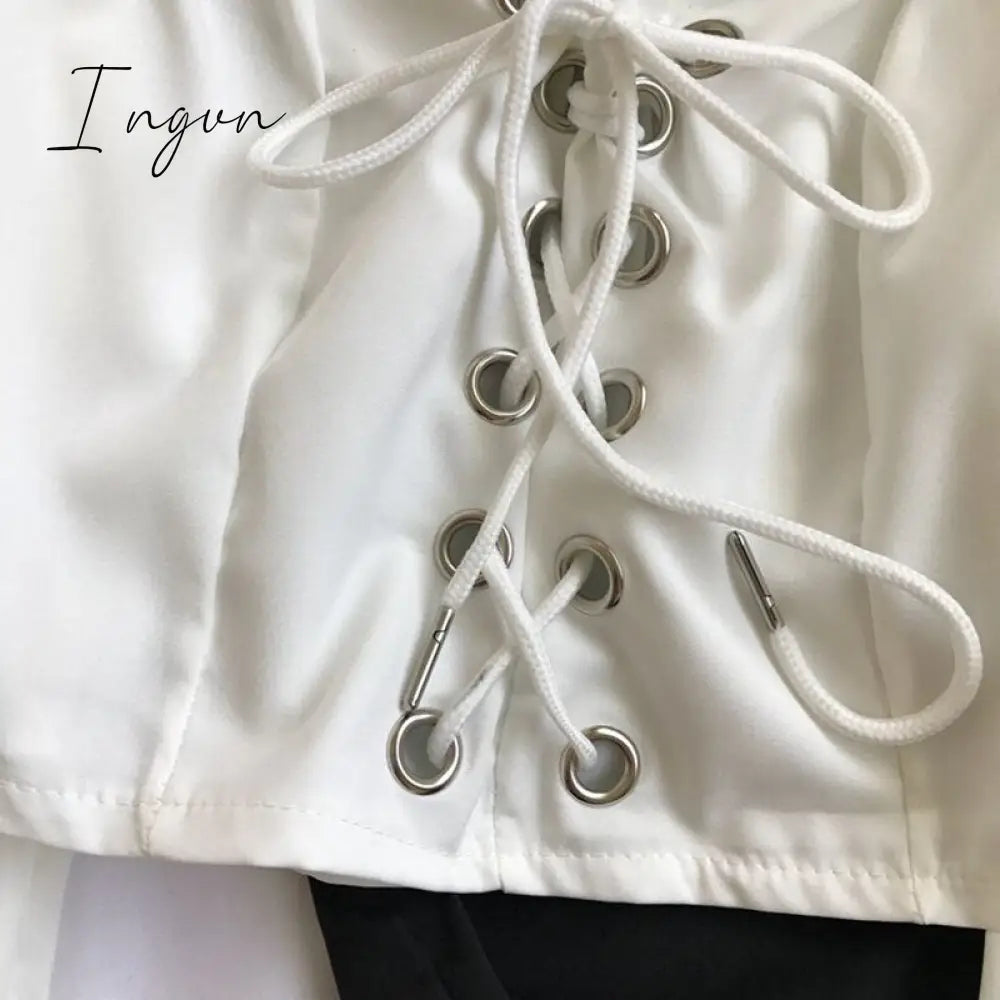 Ingvn - Fashion Woman Blouses Sexy Cut out Crop Tops Ruffle Vintage Blouse With Puff Sleeves Lace Up Ladies Shrts Off Shoulder Luxury
