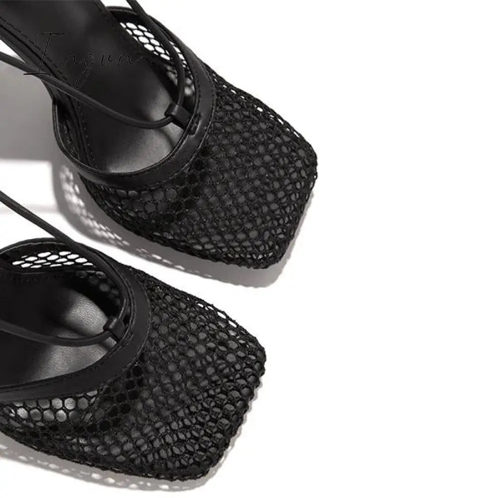 Ingvn - Fishnet Squared Toe Lace Up Heels