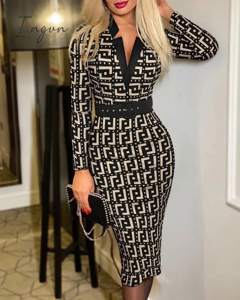 Ingvn - Spring Outfits Trends Office Lady Long Sleeve V-neck Maxi Dress Spring Autumn Vintage Print Slim High Waist Belted Vestidos De Mujer Elegant Dresses