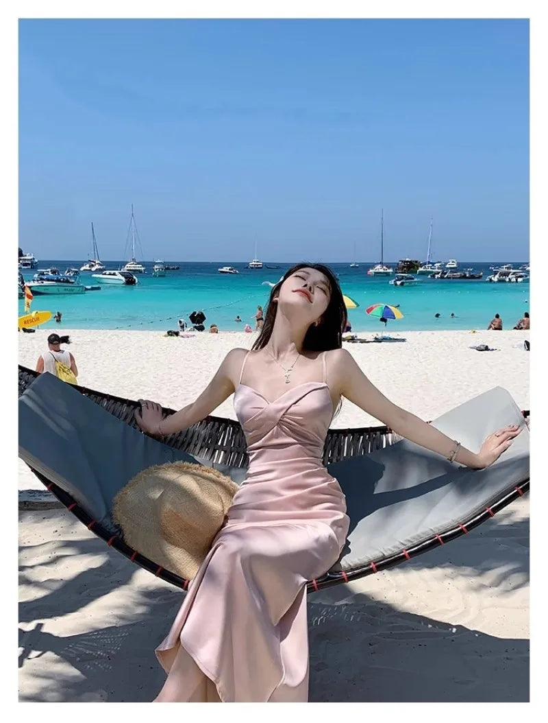 Summer Sexy Backless Satin Straps Midi Dresses for Women Elegant Party Sleeveless Female Clothing Beach Holiday Pink New