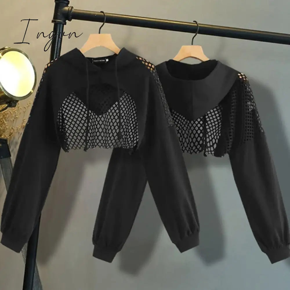 Ingvn - Black Hoodies for Women Hollow Out Crop Tops Mesh Patchwork Short Sweatshirt Long Sleeve Autumn Tops and Pullovers
