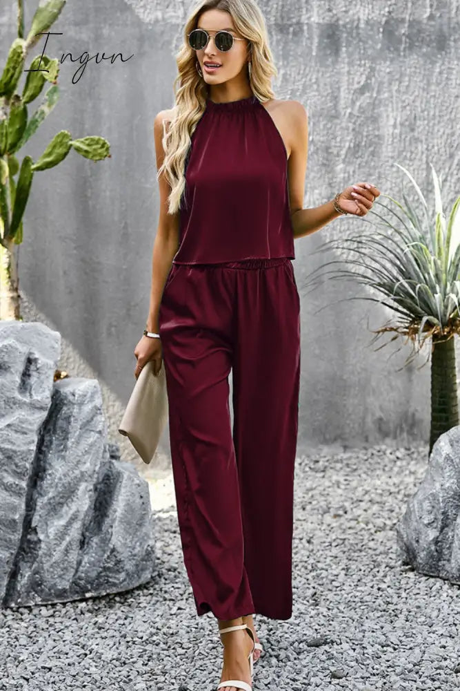Ingvn - Grecian Neck Sleeveless Pocketed Top and Pants Set