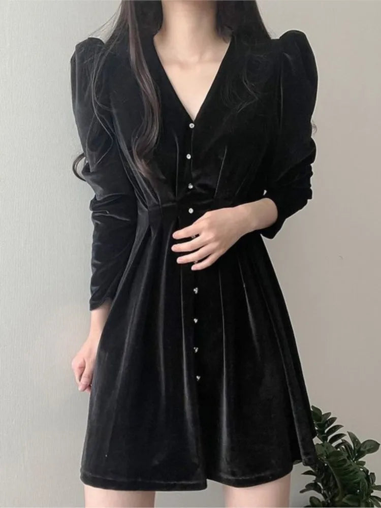 Elegant Solid Velvet Dresses for Women V-neck Long Sleeve A-line French Mini Dress Party Evening Autumn Casual Vestidos Mujer