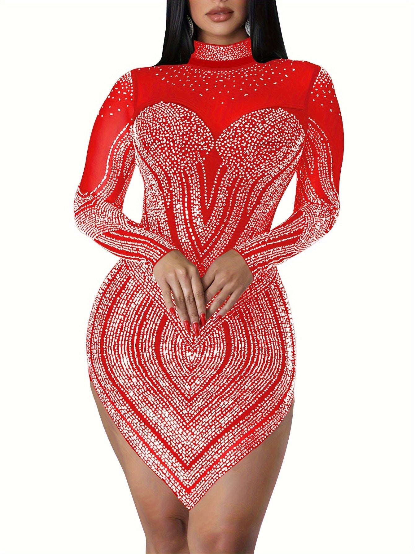 Rhinestone Semi-Sheer Dress, Sexy High Neck Long Sleeve Bodycon Party Dress, Women's Clothing