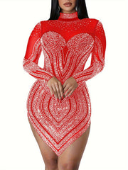 Rhinestone Semi-Sheer Dress, Sexy High Neck Long Sleeve Bodycon Party Dress, Women's Clothing