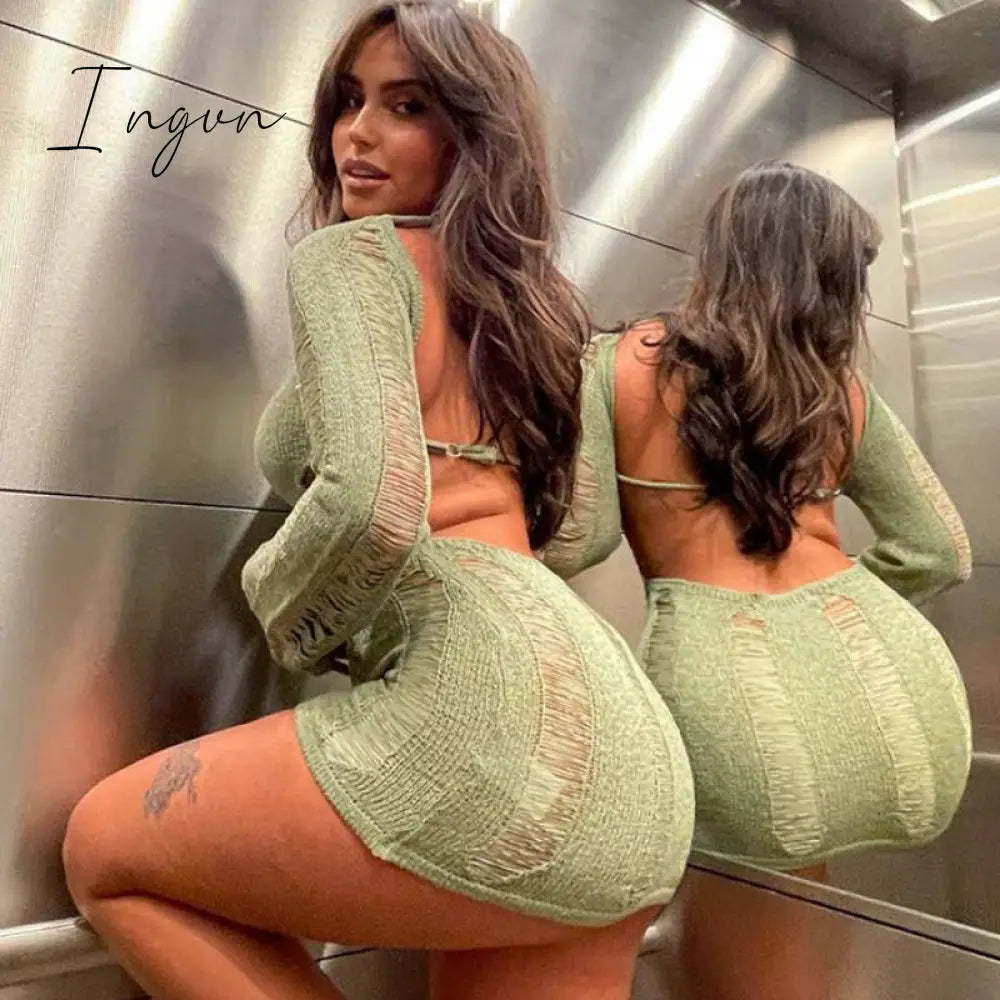 Ingvn - Y2K Knitted Tassel Women Backless Hollow Out Long Sleeve T Shirt Sexy Party Club Casual Beach Outfits Tee Top 2023 Summer