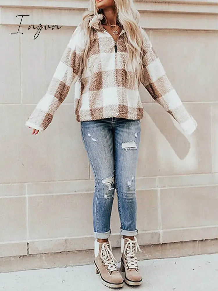 Ingvn - Women's Sweatshirt Pullover Fuzzy Teddy Quarter Zip Red Khaki Plaid Casual V Neck Long Sleeve Fleece Top Micro-elastic Fall & Winter