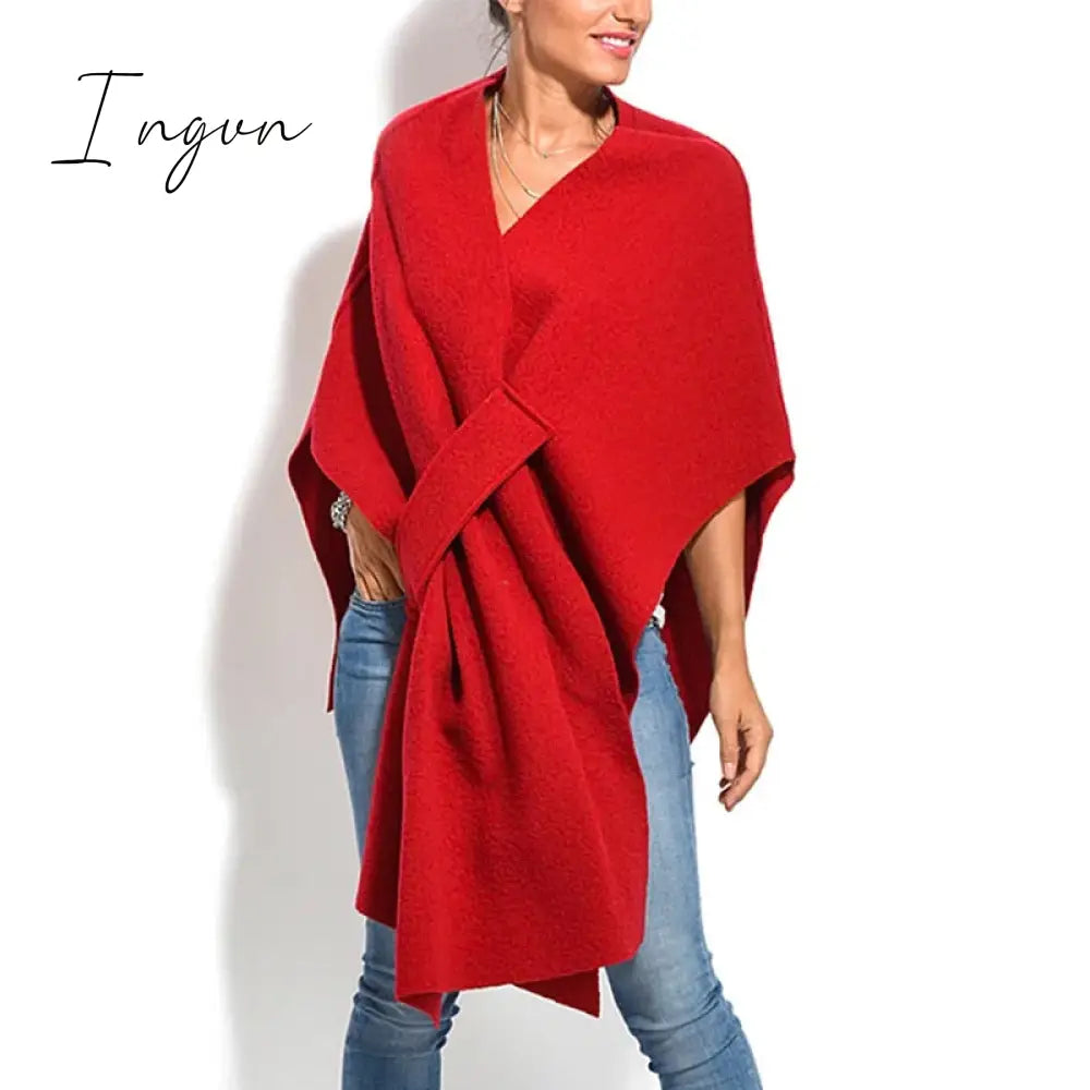 Ingvn - Women Coats Autumn Winter Loungewear Three Quarter Batwing Sleeve Fashion Shawls V-Neck Pullover Streetwear Cloak
