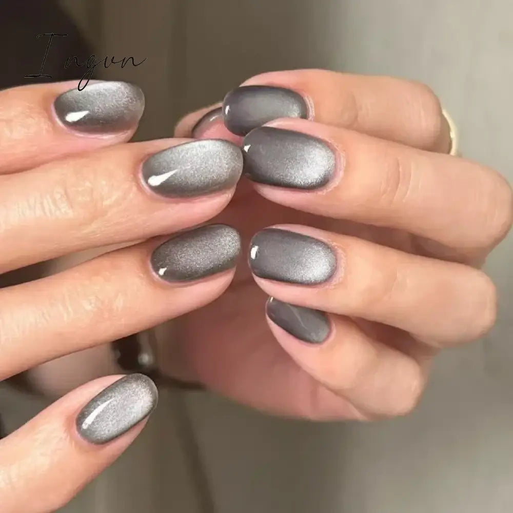 24pcs Luxurious Glossy Oval Purple Glitter Nails Press-On False Nails Set Cat Eye Stick on Nails with Sky Design for Women/Girls
