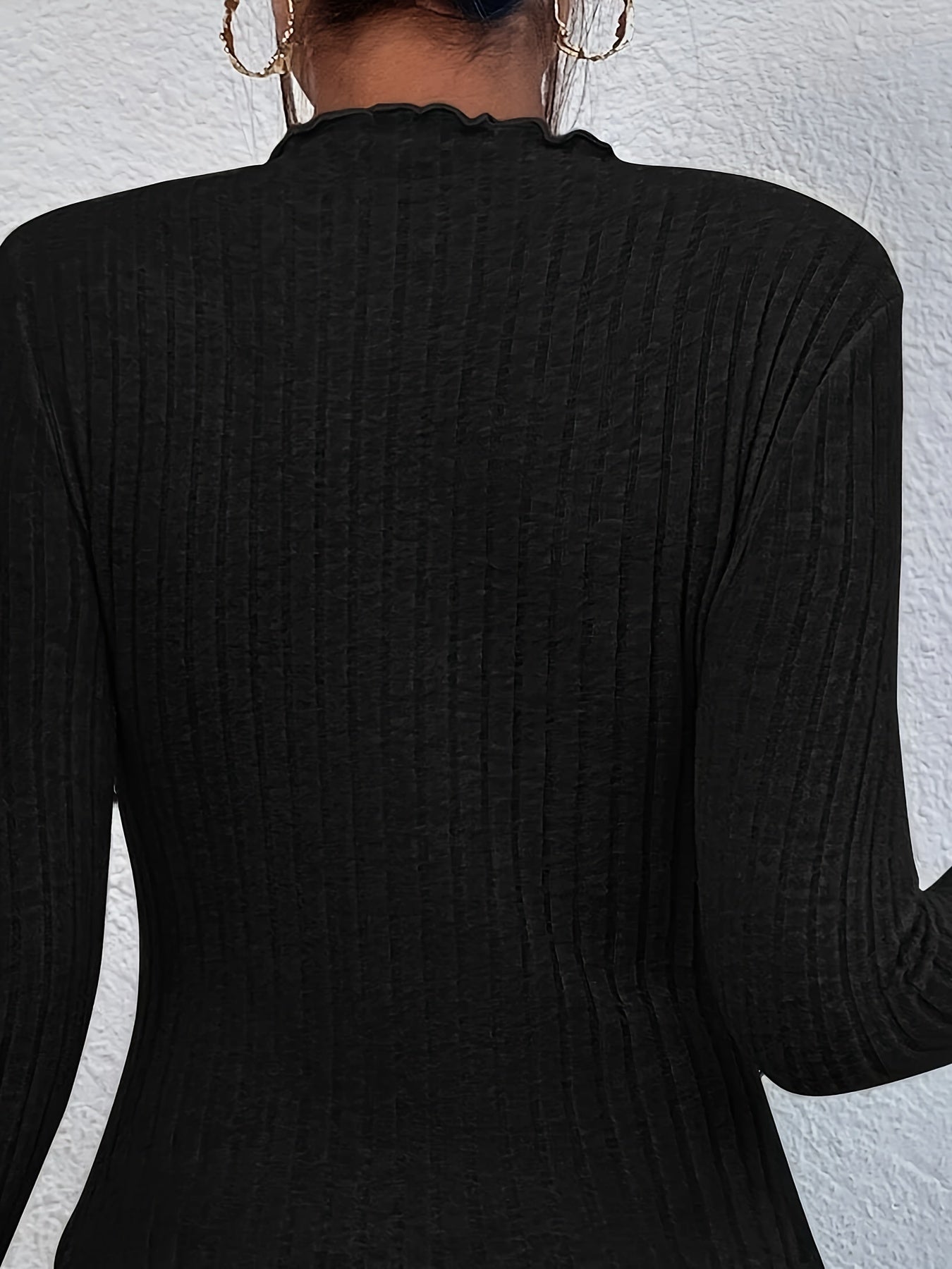 Women's Ribbed Knit Long Sleeve Top, Textured Ruffle Trim, Solid Color, Polyester, Elegant Turtleneck, Stretchy Fabric, Regular Fit, Sleeve Length, Autumn/Winter, T-Shirt Style