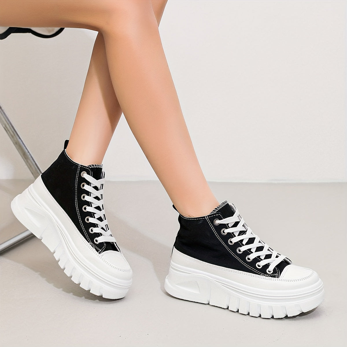 High-top Heightening Women's Canvas Solid Color Casual Sneakers, Lace Up Platform Soft Sole Walking Skate Shoes