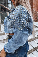 Ingvn - Street Punk Solid Rivets Turndown Collar Long Sleeve Loose Denim Jacket