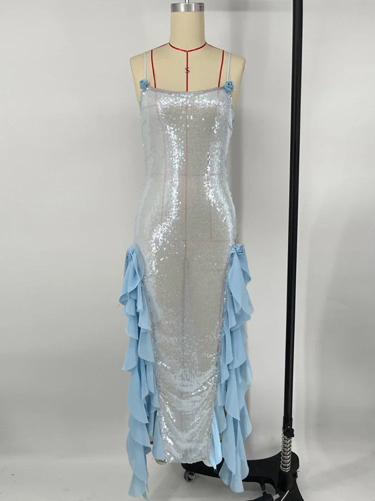 Sequins Long Dress For Women Side Split Flower See Through Sundress Elegant Temperament Sexy Slim Women's Evening Dresses