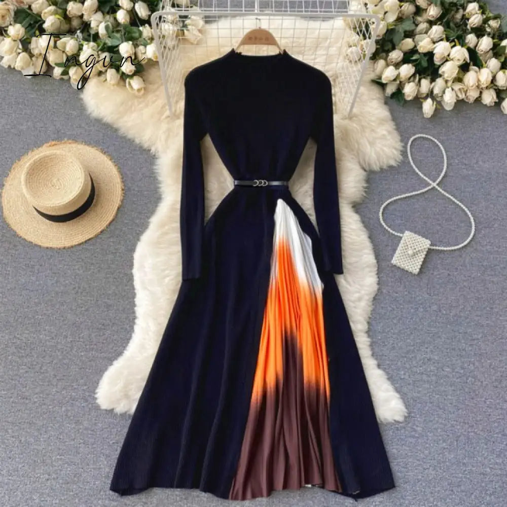 Ingvn - Autumn Winter Elegant Knitted Patchwork Gradient Pink Pleated Dress Women Long Sleeve Office One-Piece Sweater Dress With Belt