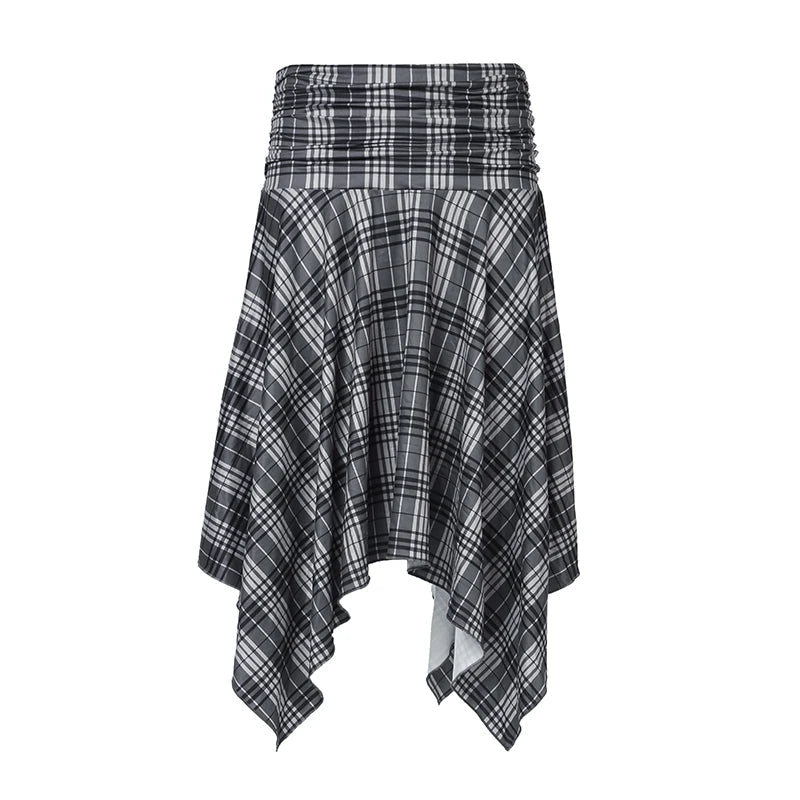 Preppy Style Plaid Print Skirt Grey Low Rise Loose Irregular A-line Midi Skirts Women Harajuku Clothes y2k Streetwear New