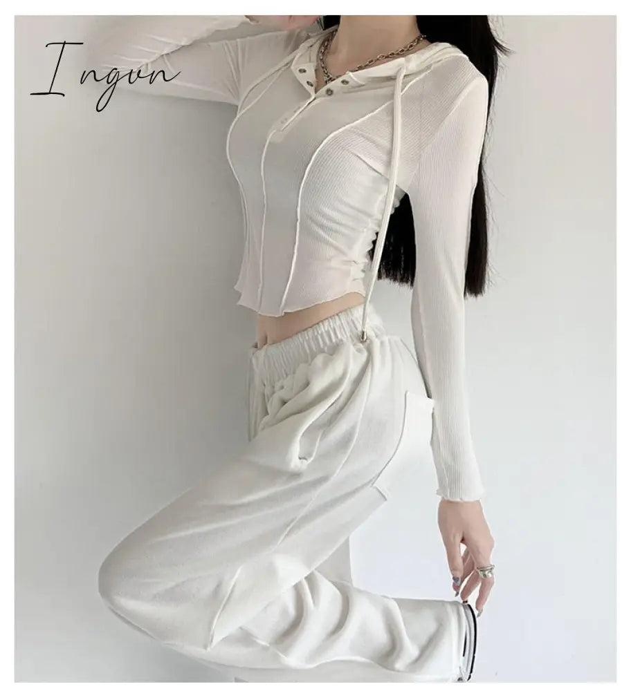 Ingvn - Crop Tops 2023 Fashion T-shirts for Women Hooded Sweatshirt Long Sleeve Tees Y2k Clothes Korean Casual Woman Tshirts Ropa Mujer