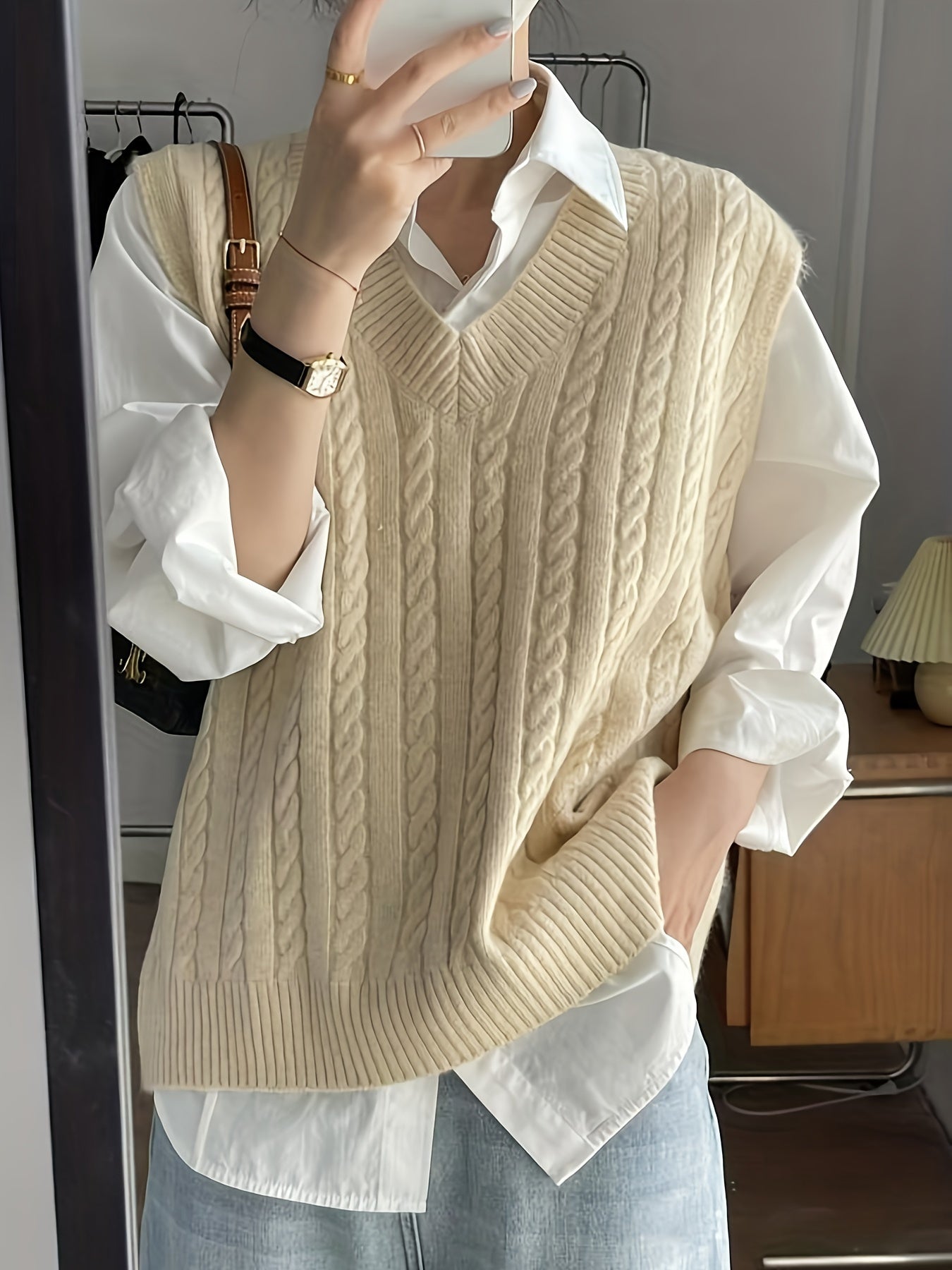 Solid V Neck Cable Knit Vest - Women's Casual Clothing - Sleeveless Loose Fit Versatile Sweater Vest for Everyday Wear, Comfortable and Stylish