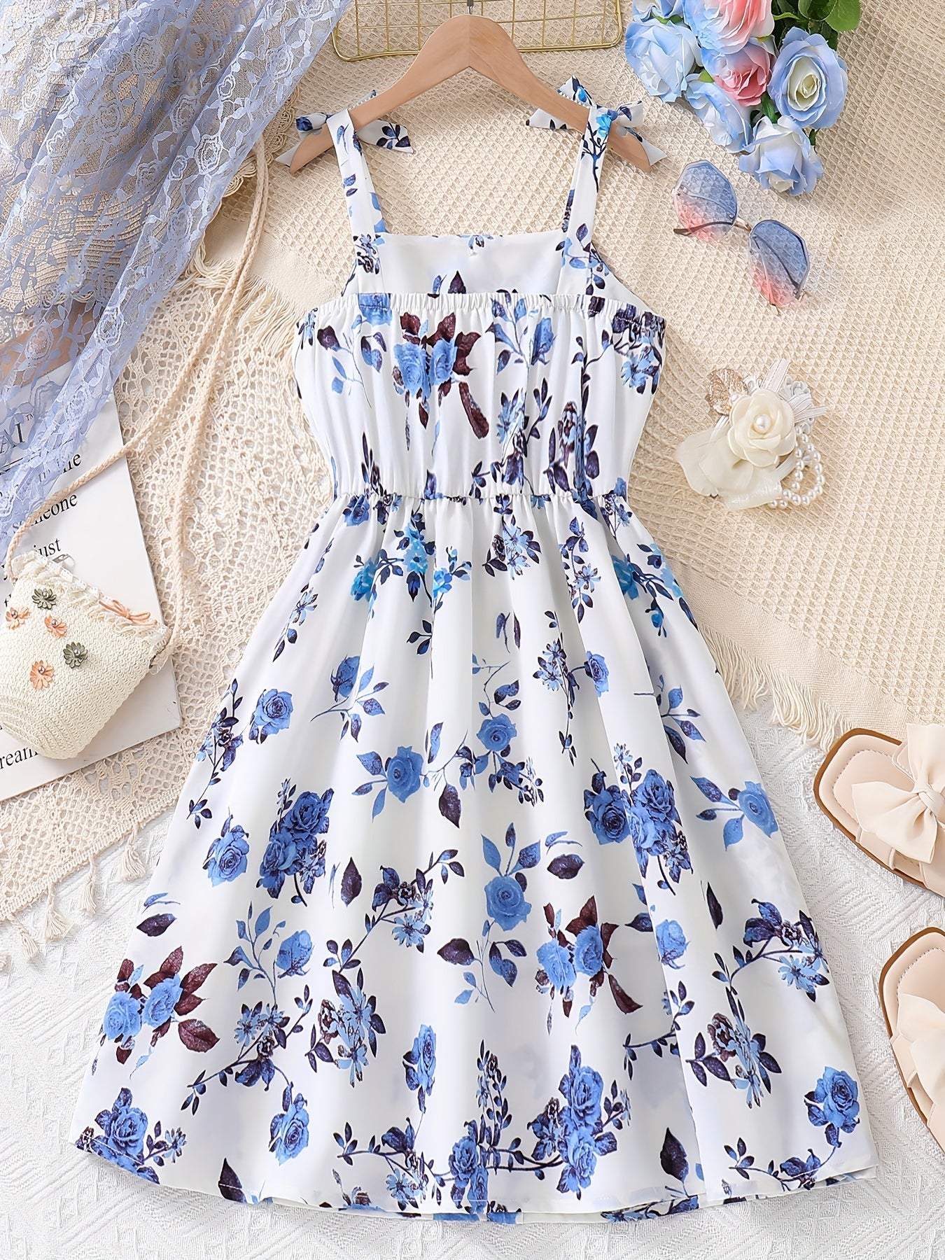 Girls Bow Straps Cami Dress Floral Print Casual Suspender Dress