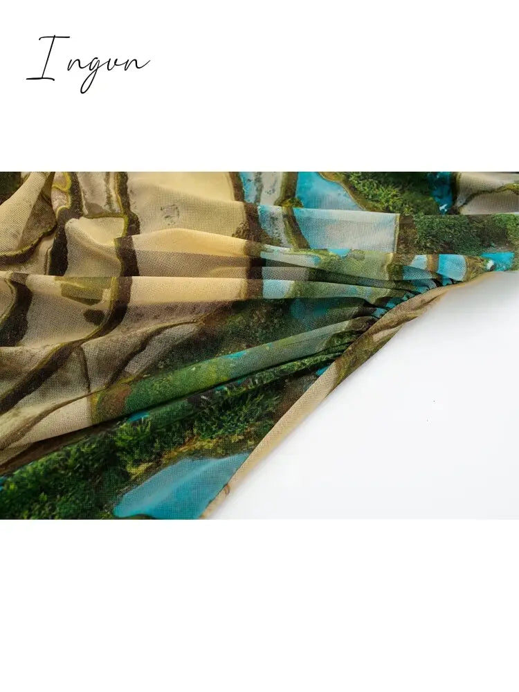 Ingvn - High Quality Bodycon Mesh Dress Women Green Printing Maxi Dress Sexy for Celebrity Evening Club Night Dresses
